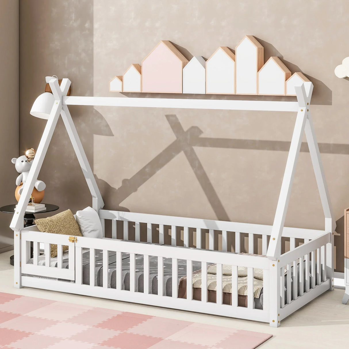 Tent-Shaped Floor Bed, With Guardrails, Slats, Door - Furniture Home Direct