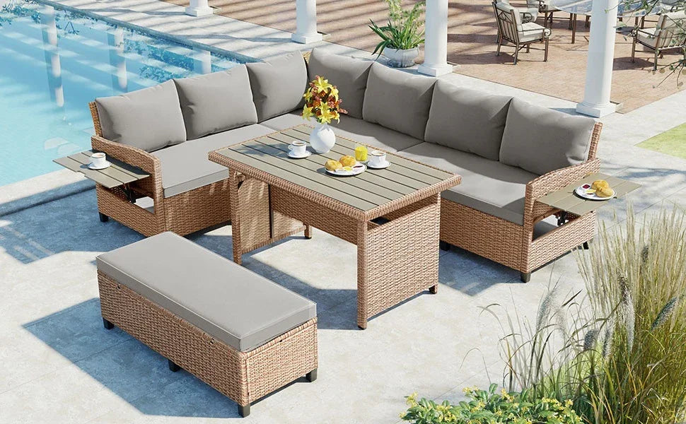 Outdoor Sectional with 2 Extendable Side Tables and Washable Covers - Brown - Furniture Home Direct