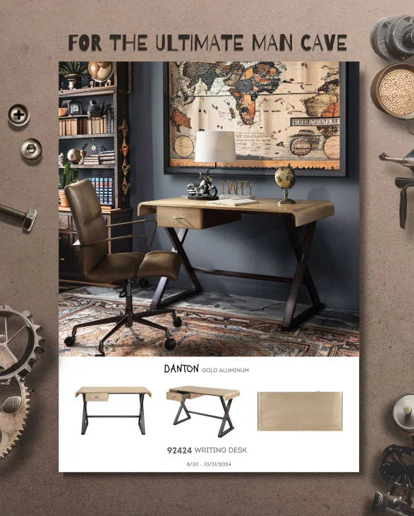 Danton - Aluminum Top Grain Leather Rectangular Writing Desk - Gold - Furniture Home Direct