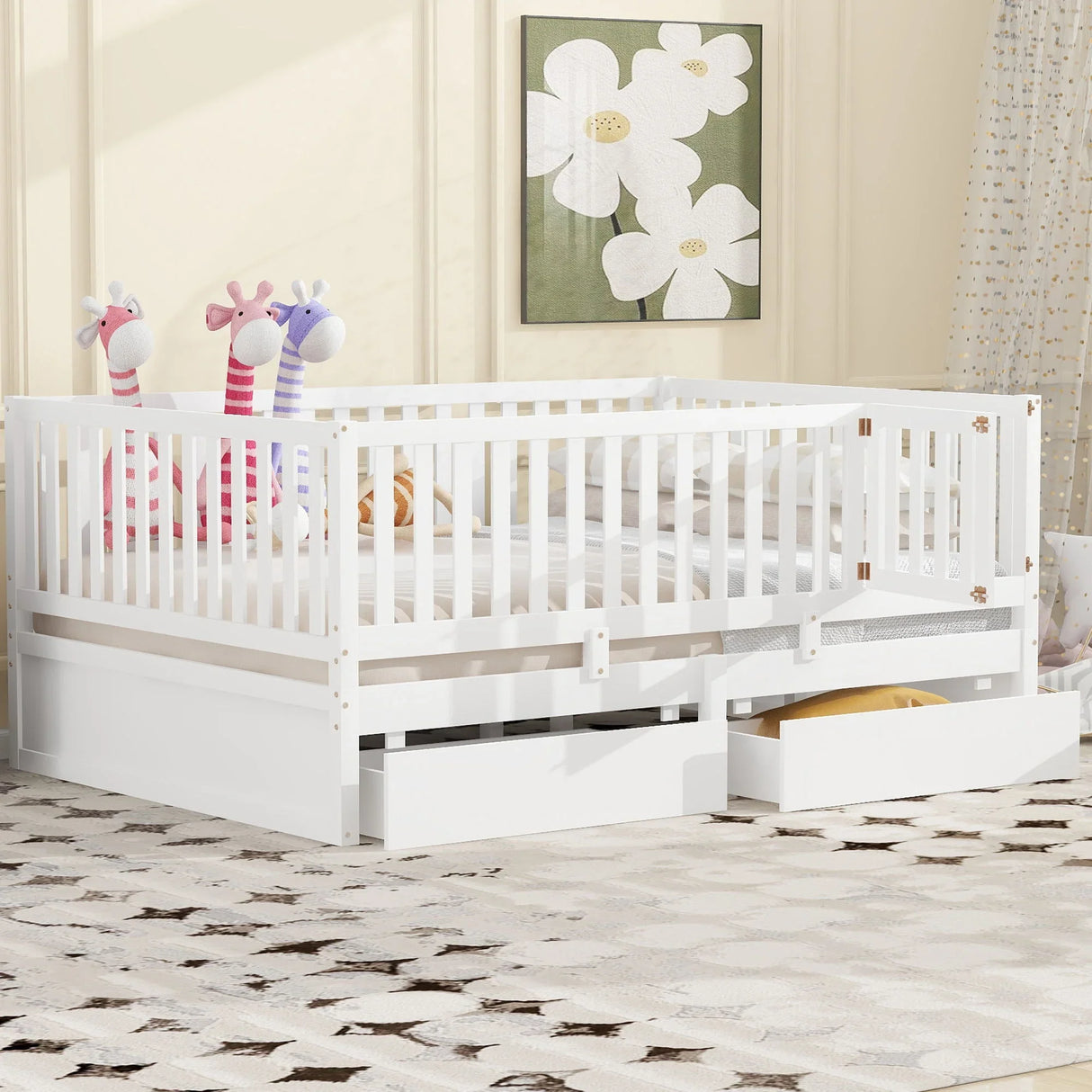 Daybed With Fence Guardrails And 2 Drawers, Split Into Independent Floor Bed & Daybed - Furniture Home Direct