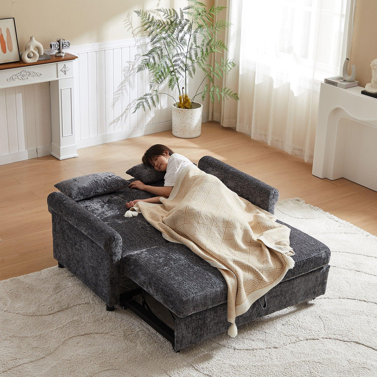 Loveseat Sofa Bed, Pull - Out Couch Sleeper & 2 Pillows - Furniture Home Direct