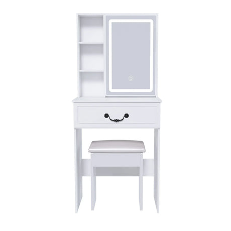 Modern Mini Dressing Table With Led-Lit Mirror & Hidden Storage, Adjustable Brightness Vanity Desk - White - Furniture Home Direct