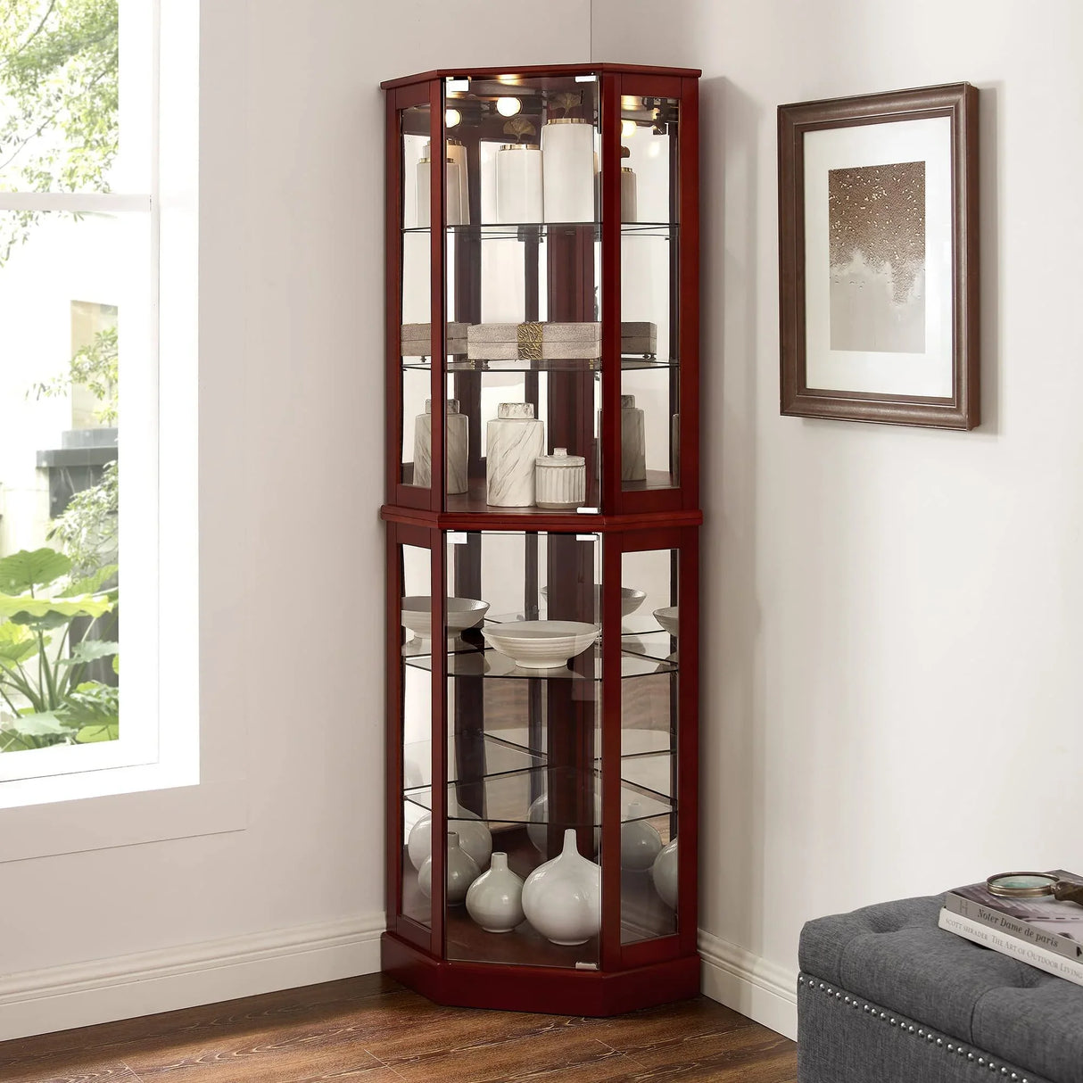 6 Shelf Corner Curio Display Cabinet With Lights, Mirrors And Adjustable Shelves (E26 Light Bulb Not Included) - Furniture Home Direct