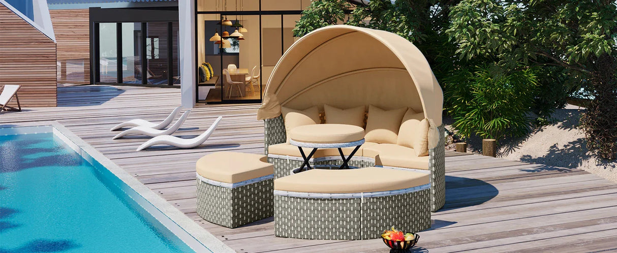 Outdoor Daybed With Canopy Weatherproof Rattan Beige - Furniture Home Direct