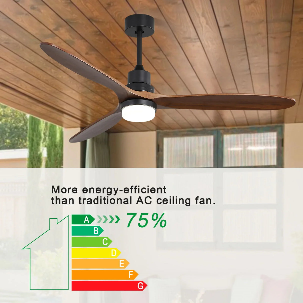 Ceiling Fan With Lights 3 Solid Wood Fan Blade Noiseless Reversible Motor Remote Control - Black - Furniture Home Direct