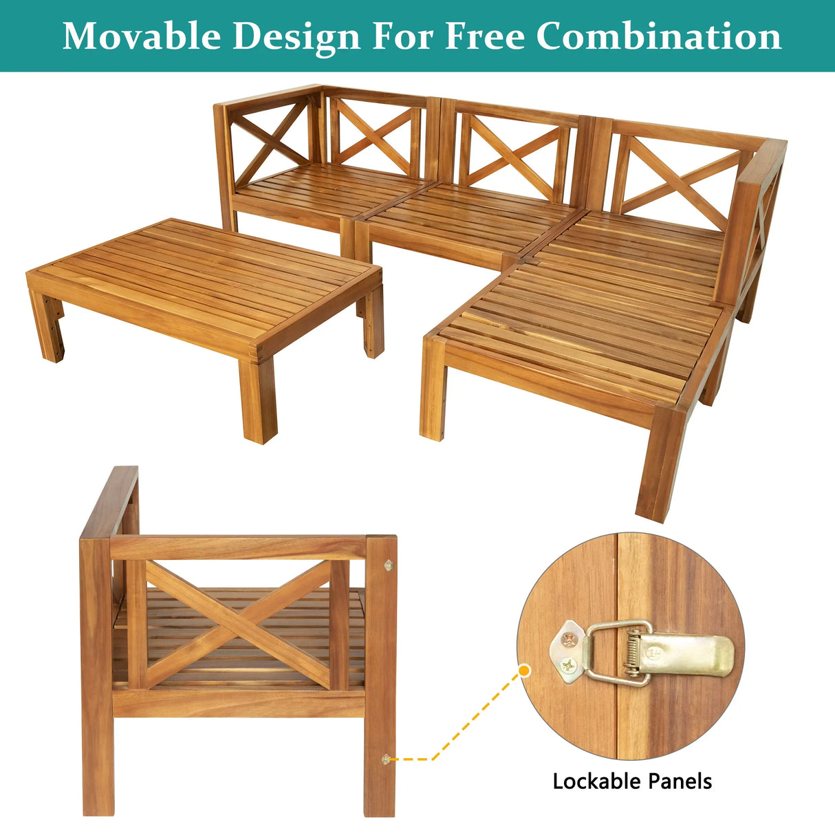 Outdoor 5-Piece Sectional Set with Cushions, Natural Finish+ Beige Cushions - Furniture Home Direct