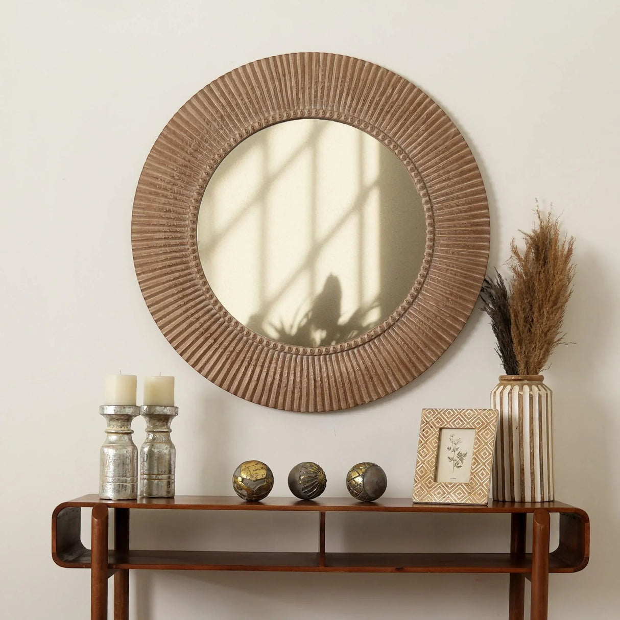 Handcarved Decorative Hanging Wall Mirror - Antique Brown / White - Furniture Home Direct