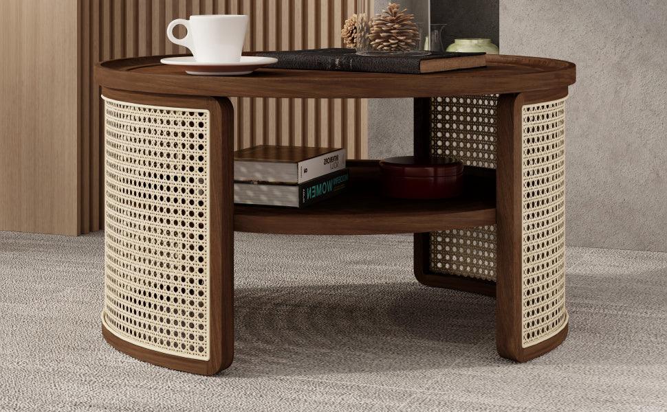 2-Tiered Round Walnut Wood Coffee Table - Furniture Home Direct