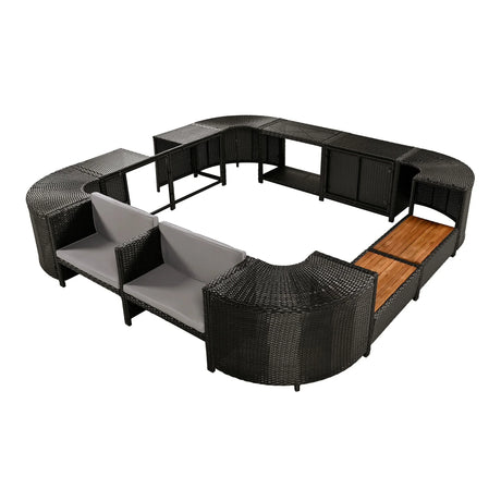 Spa Surround Spa Frame Quadrilateral Outdoor Rattan Sectional Sofa Set With Mini Sofa, Wooden Seats And Storage Spaces - Furniture Home Direct