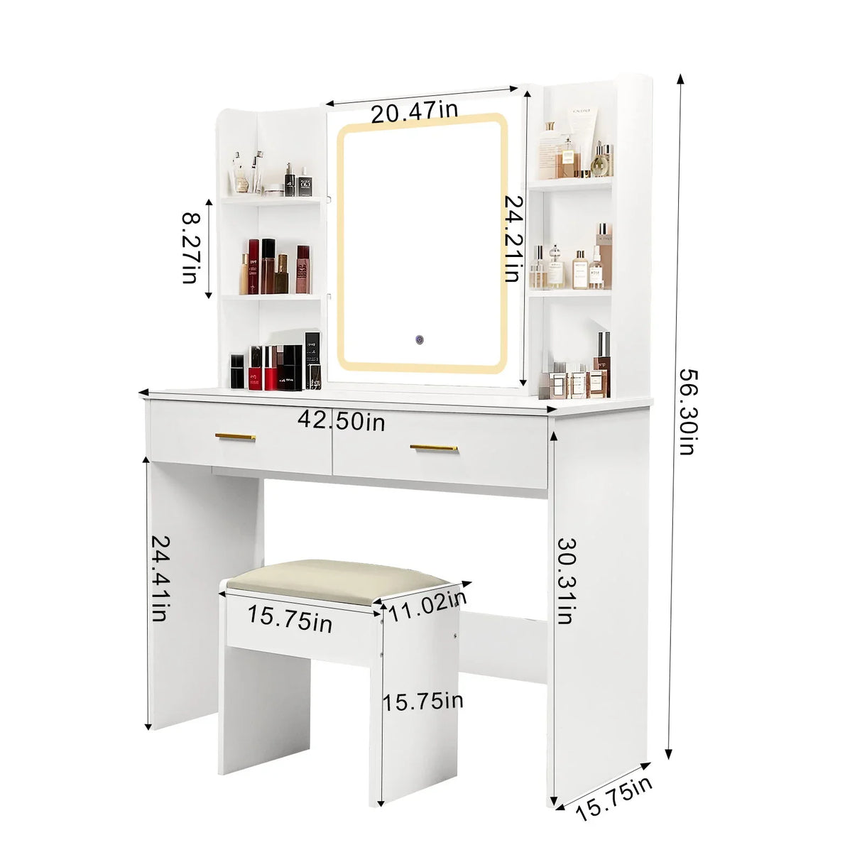 Vanity Desk With Mirror And LED Lights 3 Lighting Modes And Power Outlet 2 Spacious Drawers And Stool - White - Furniture Home Direct