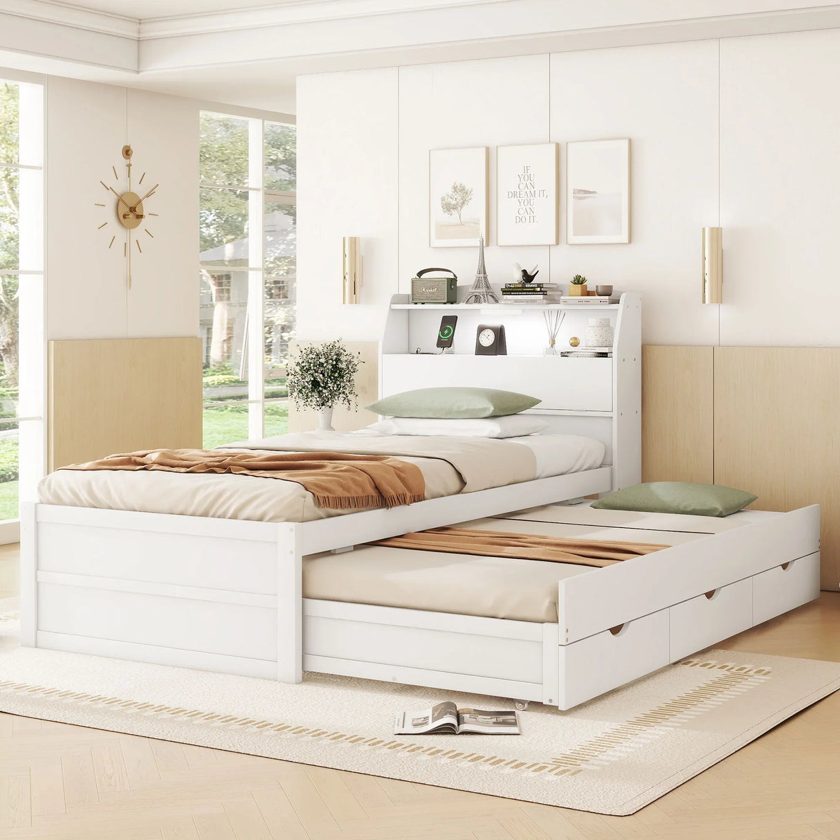 LED Platform Bed With Trundle With Storage Headboard With Drawers - Furniture Home Direct