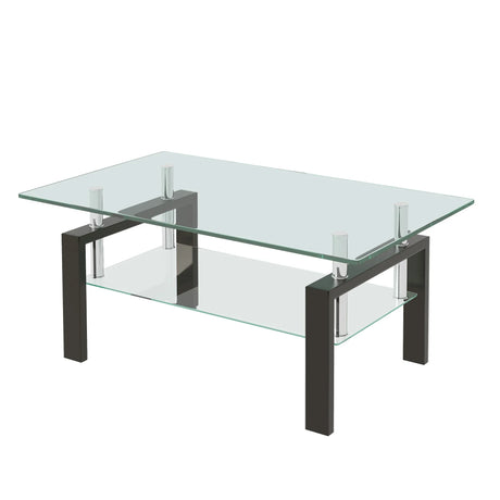 Tempered Clear Glass Coffee Table, 2-Layers Coffee Table Living Room Center Table - Black - Furniture Home Direct