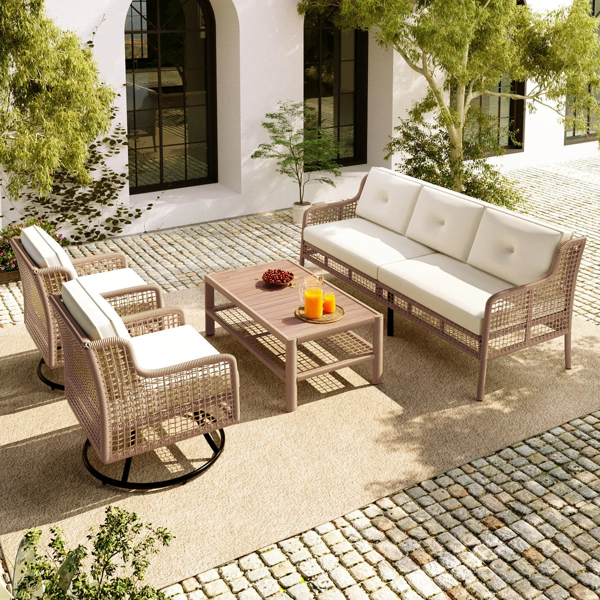 4 Piece Outdoor Patio Set with Swivel Chairs - Beige - Furniture Home Direct