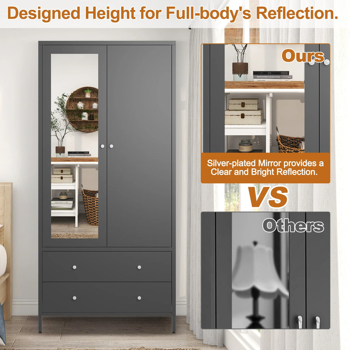 Wardrobe With Mirror Door And Two Drawers Charcoal Gray - Furniture Home Direct