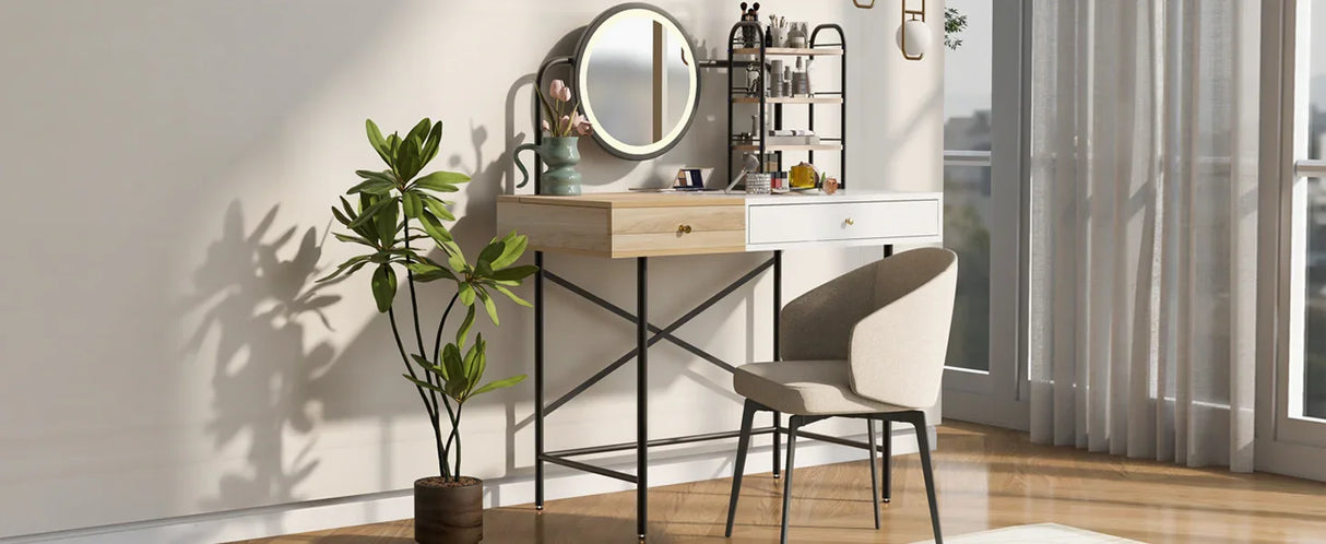 Vanity Desk With Lighted Round Mirror and Storage White - Furniture Home Direct