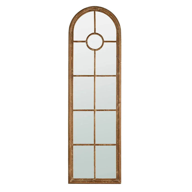 Half Round Elongated Mirror With Decorative Window Look Classic Architecture Style Solid Fir Wood Interior Decor - Brown - Furniture Home Direct