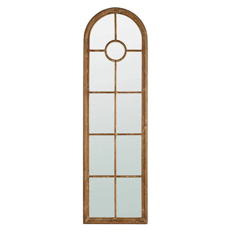 Half Round Elongated Mirror With Decorative Window Look Classic Architecture Style Solid Fir Wood Interior Decor - Brown - Furniture Home Direct