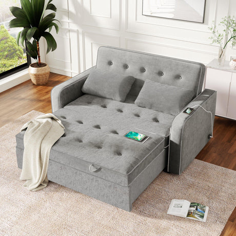 66.5" Upholstered Loveseat With Pull Out Bed, Two Throw Pillows, Dual USB Charging Port and Adjustable Backrest - Light Gray - Furniture Home Direct
