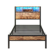 Modern Twin Size Metal Platform Bed Frame With Storage Headboard And Charging Station - Brown - Furniture Home Direct