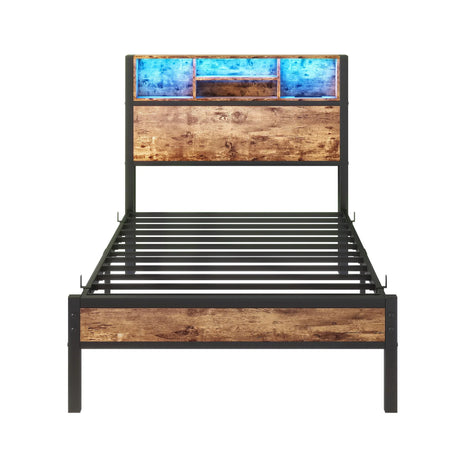 Modern Twin Size Metal Platform Bed Frame With Storage Headboard And Charging Station - Brown - Furniture Home Direct