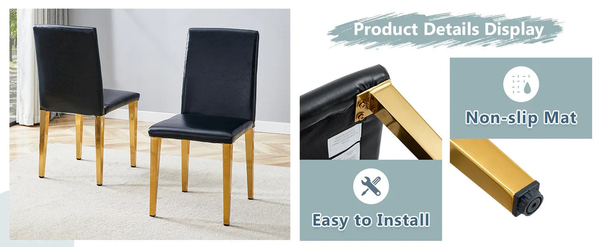 Dining Chairs Four Modern PU Leather Gold Legs Black - Furniture Home Direct