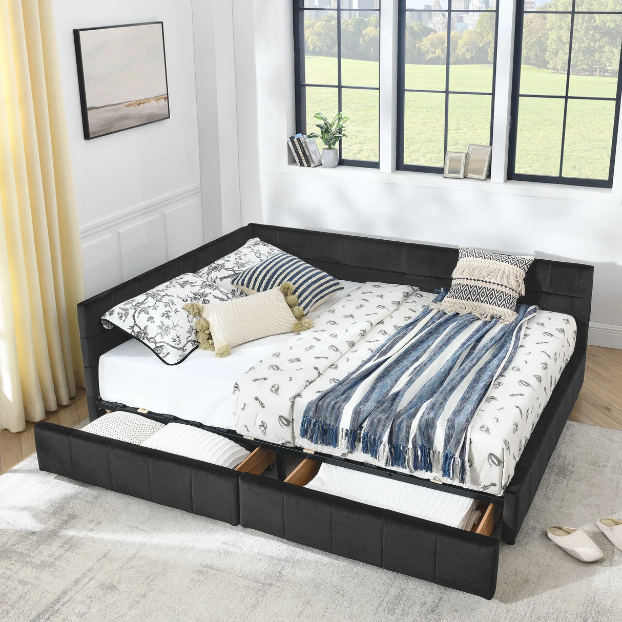 Mid-Century Storage Upholstered Tufted Bed Frame With Backrest And Armrests - Furniture Home Direct