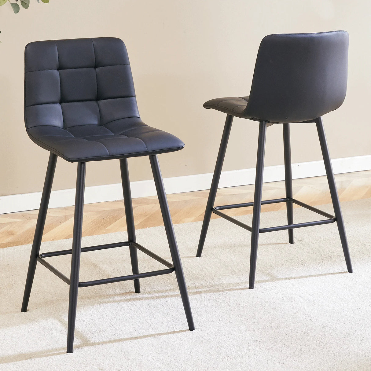 Counter Stool Set Faux Leather Tufted Cushions Black - Furniture Home Direct