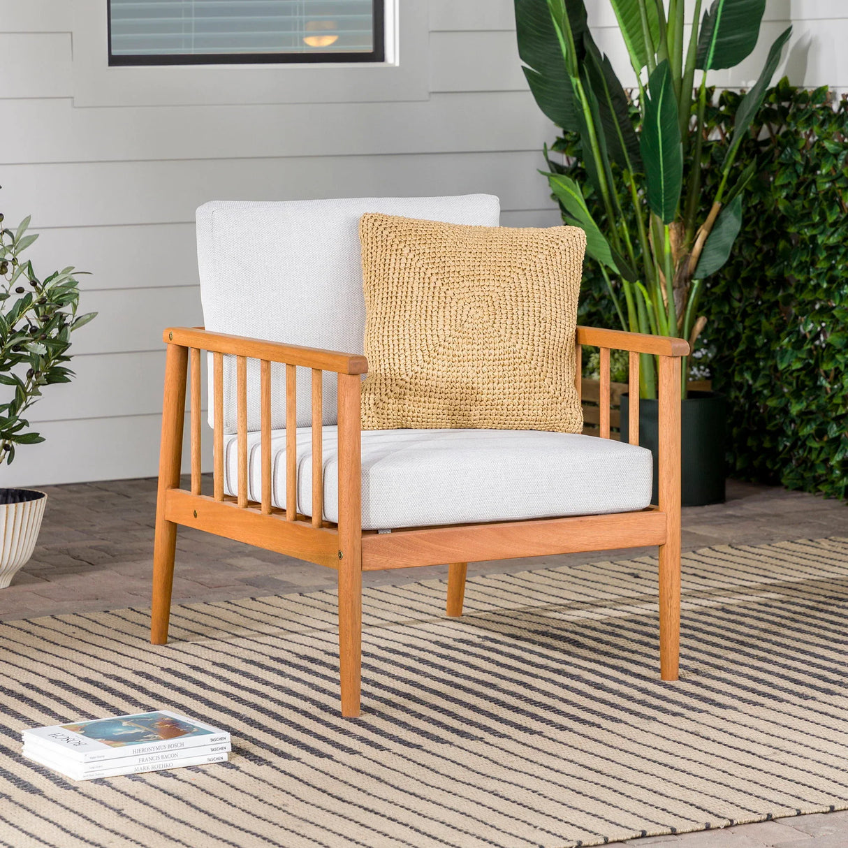 Contemporary Cushioned Eucalyptus Wood Patio Accent Chair - Furniture Home Direct