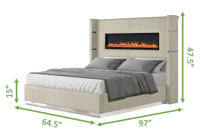 Queen Bed With Fireplace Headboard Velvet Upholstery Beige - Furniture Home Direct