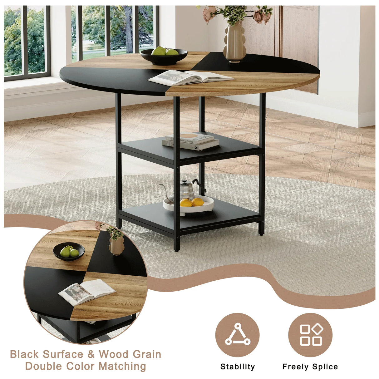 Dining Set Round Table With 4 Chairs Wood Top Black - Furniture Home Direct