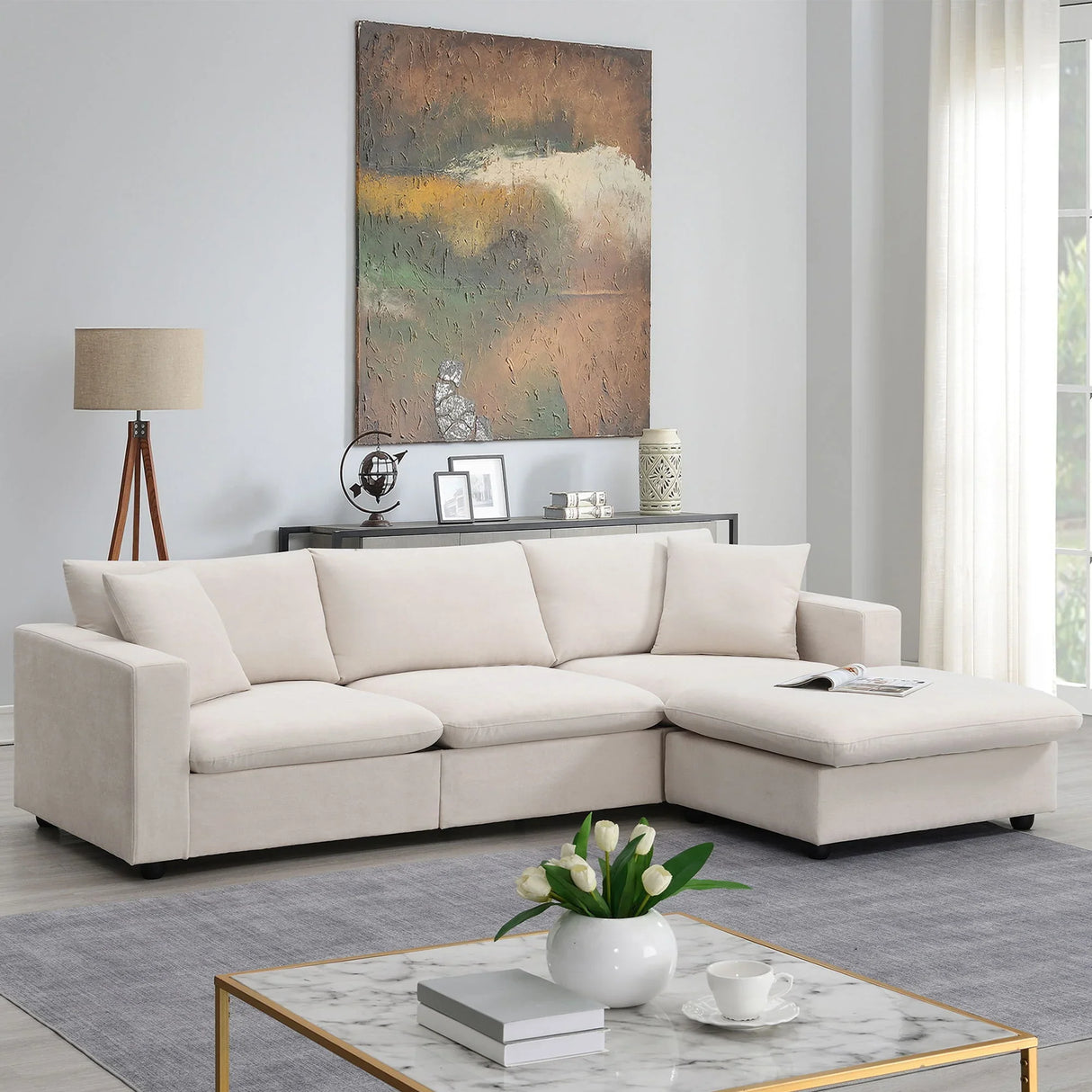 Modern Sectional Sofa With Throw Pillows, Cloud L Shaped Couch Set With Wide 4 Seat Comfy Couch Set With Movable Ottoman - Furniture Home Direct