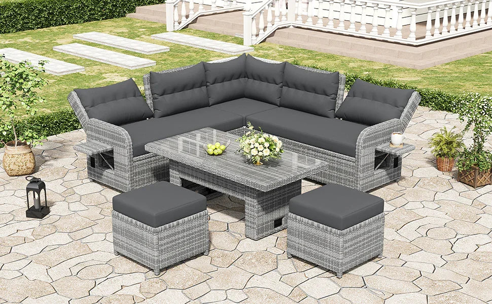 6 Piece Patio Set With An Adjustable Table, Recliners With Extendable Side Tables, And 2 Ottomans - Gray - Furniture Home Direct
