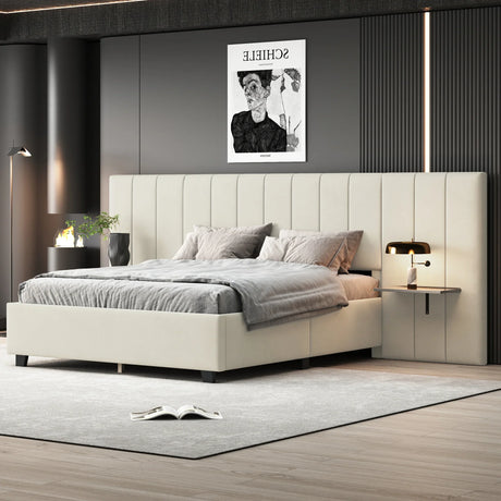 Queen Bed Upholstered Platform Tall Headboard Beige - Furniture Home Direct