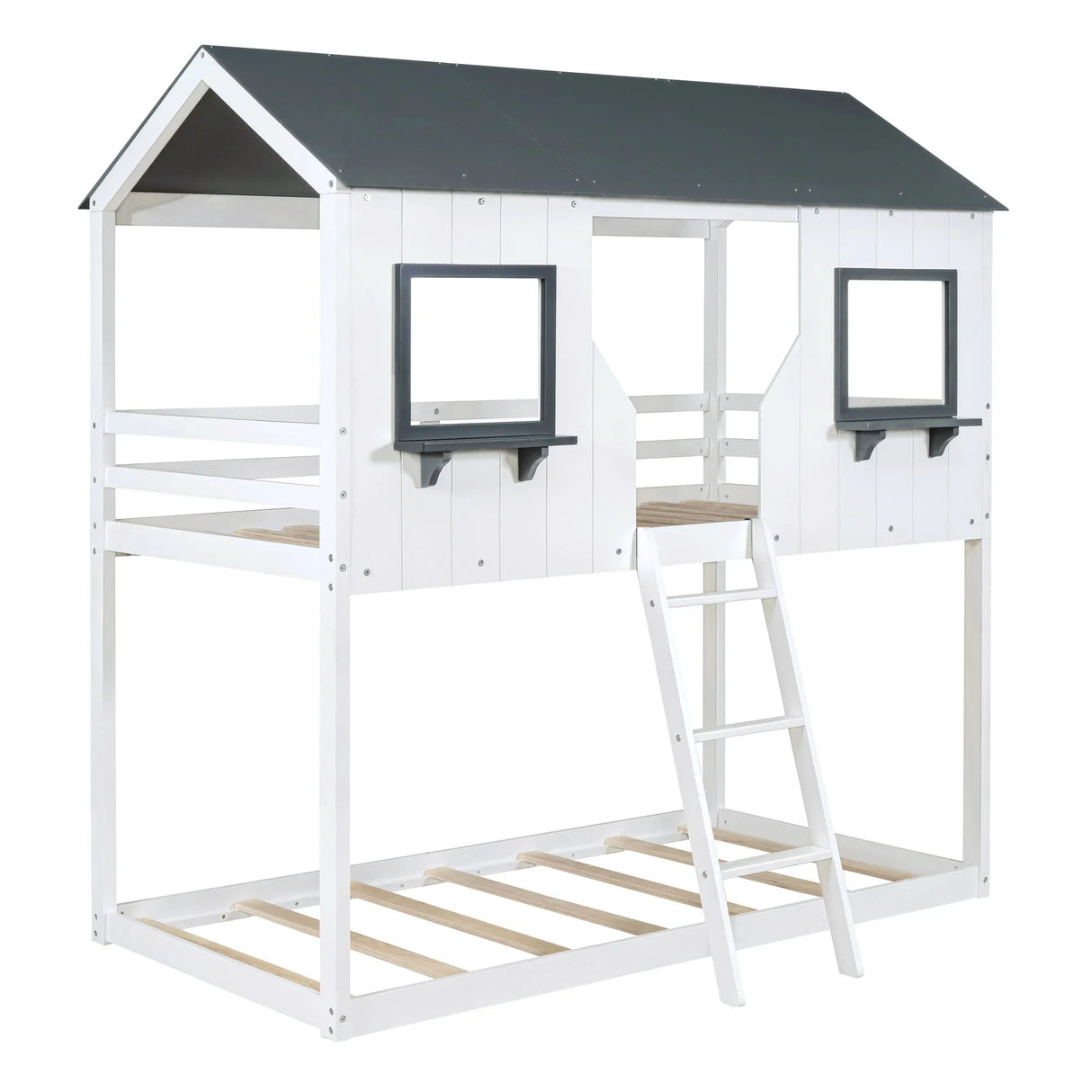 Twin Over Twin Bunk Bed With Roof, Window, Guardrail, Ladder - Furniture Home Direct