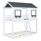 Twin Over Twin Bunk Bed With Roof, Window, Guardrail, Ladder - Furniture Home Direct