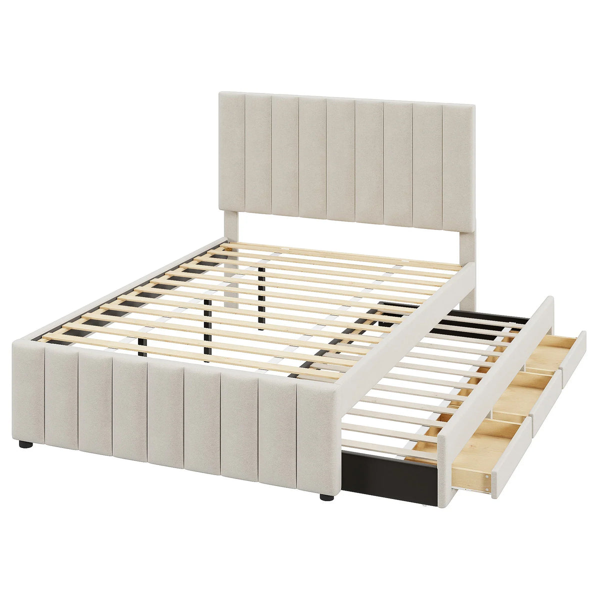 Upholstered Platform Bed With Twin Size Trundle And 3 Drawers - Furniture Home Direct