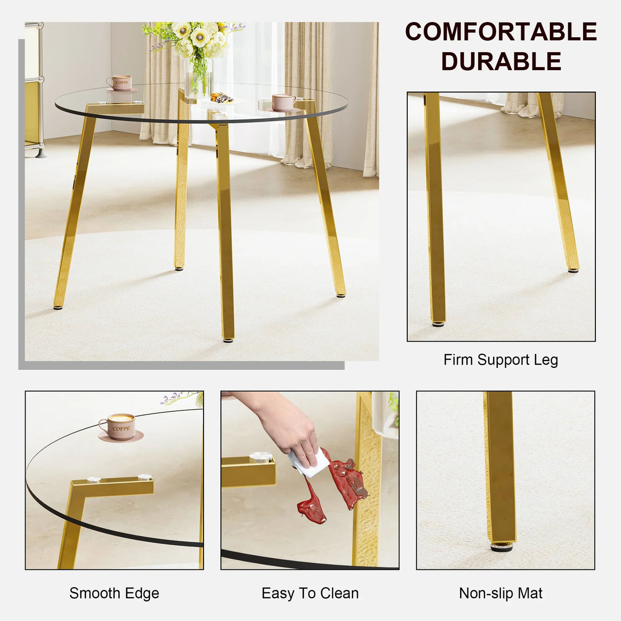 Dining Table Round Glass Top With Gold Legs Transparent - Furniture Home Direct