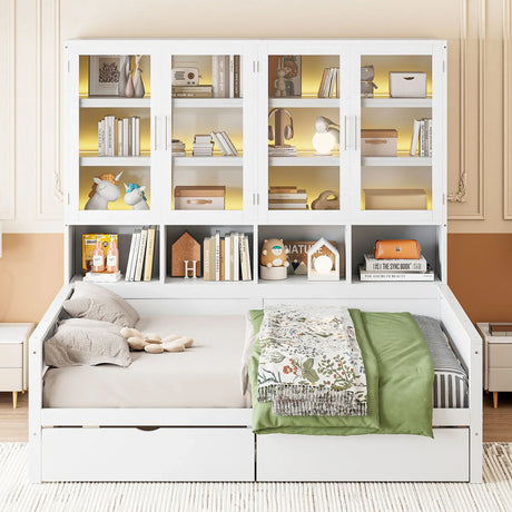 Daybed With Glass Door Storage Cabinets, Built In LED Lighting And Shelves - Furniture Home Direct