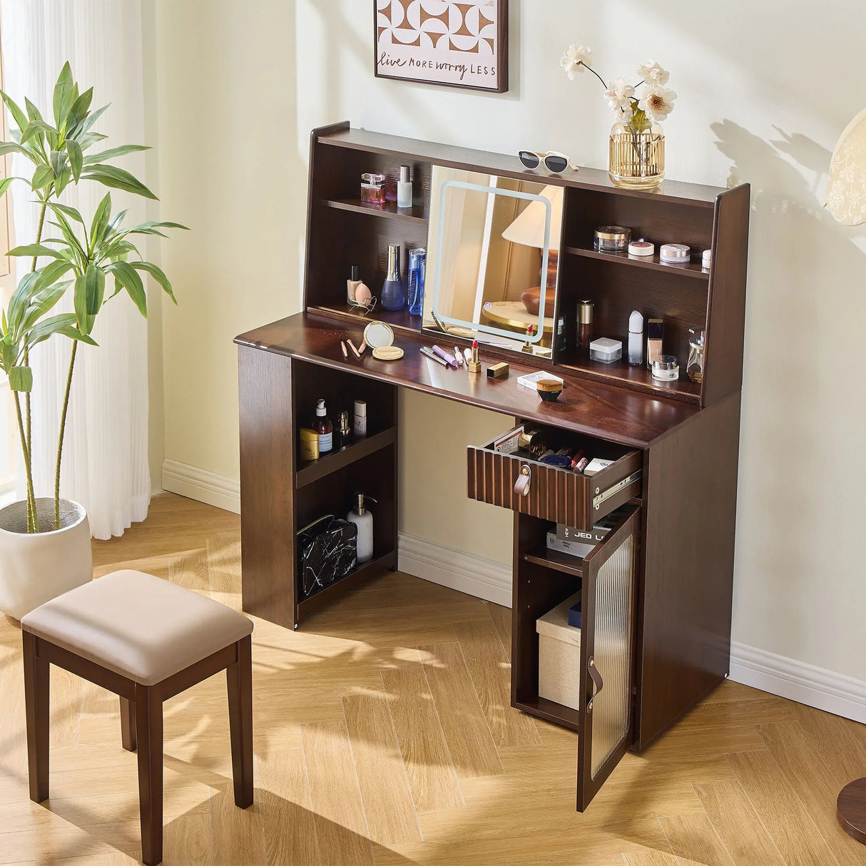 Modern Elegance Makeup Vanity Desk With Adjustable Lighted Mirror Storage Shelves Drawer And Cabinet - Walnut - Furniture Home Direct