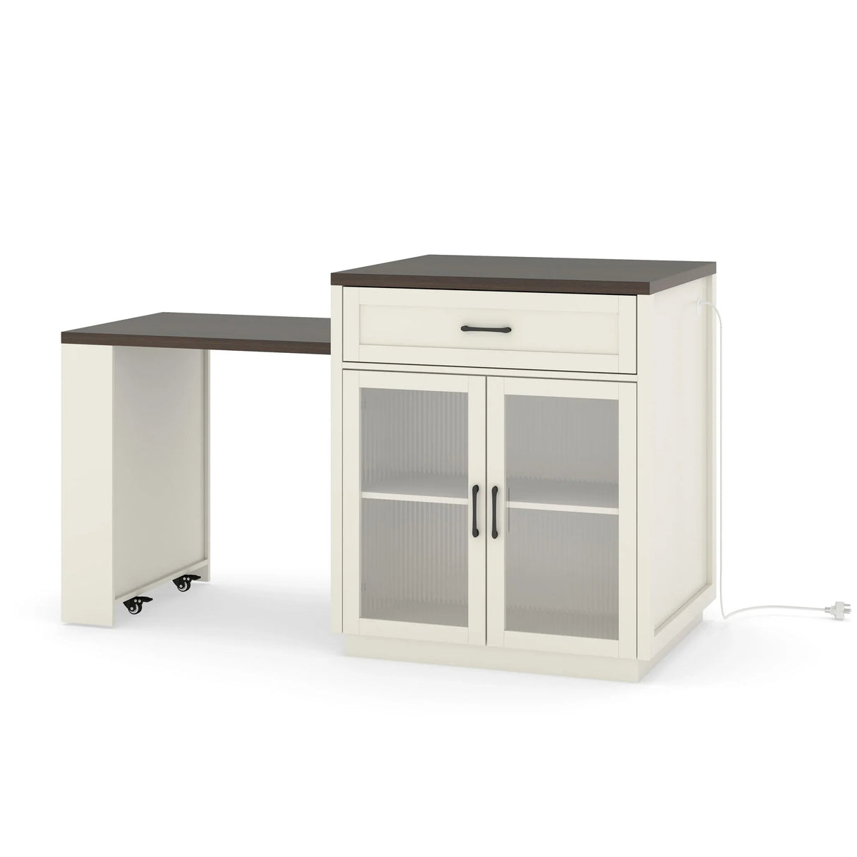 Extendable Kitchen Island With Slide Out Table And Storage Racks For 2 - 6 Person, Power Outlet, Bar, Prep Station - Creamy White / Walnut - Furniture Home Direct
