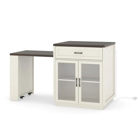 Extendable Kitchen Island With Slide Out Table And Storage Racks For 2 - 6 Person, Power Outlet, Bar, Prep Station - Creamy White / Walnut - Furniture Home Direct