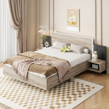 Floating Platform Bed, With LED Lights, Bedside Nightstand - Furniture Home Direct