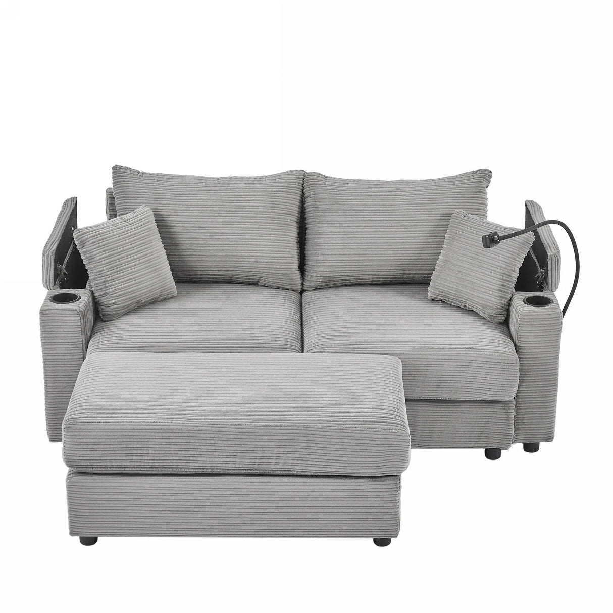 Modern Style Loveseat With Storage, Ottoman, Two USB Ports, Two Cup Holders and Phone Holder - Gray - Furniture Home Direct
