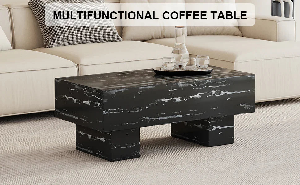Coffee Table Modern Marble Texture With Block Base Black - Furniture Home Direct