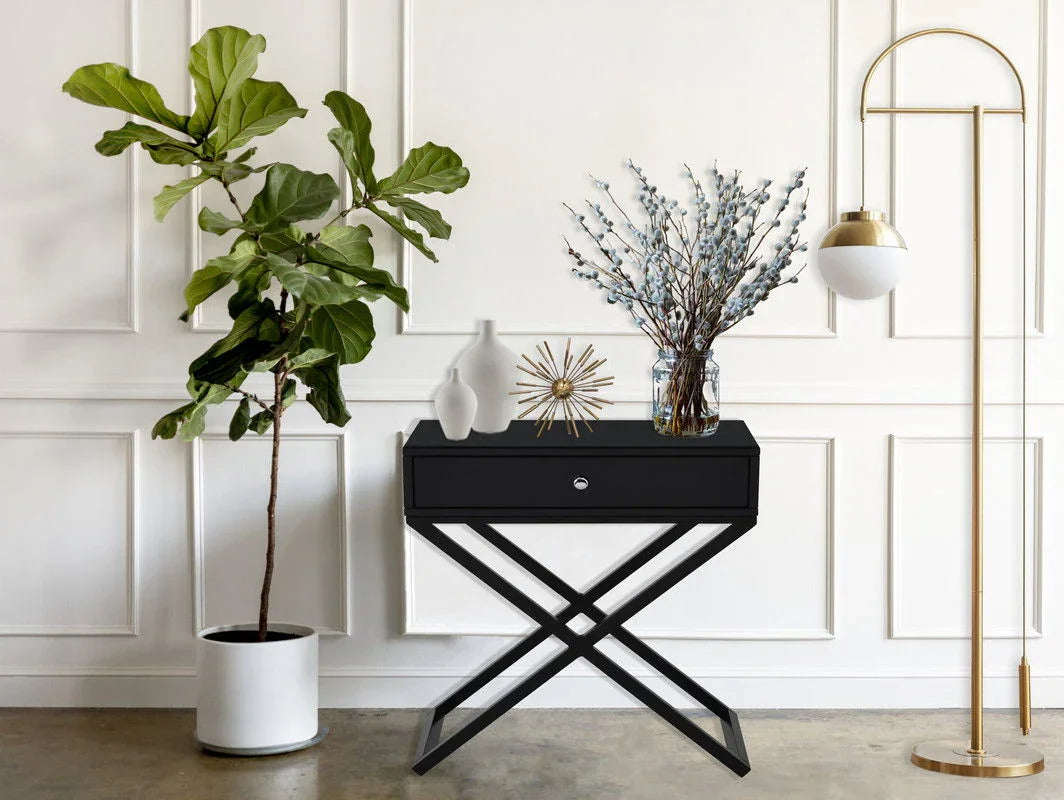 Koda - Wooden End Side Table Nightstand With Glass Top, Drawer And Metal Cross Base - Furniture Home Direct
