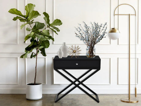 Koda - Wooden End Side Table Nightstand With Glass Top, Drawer And Metal Cross Base - Furniture Home Direct