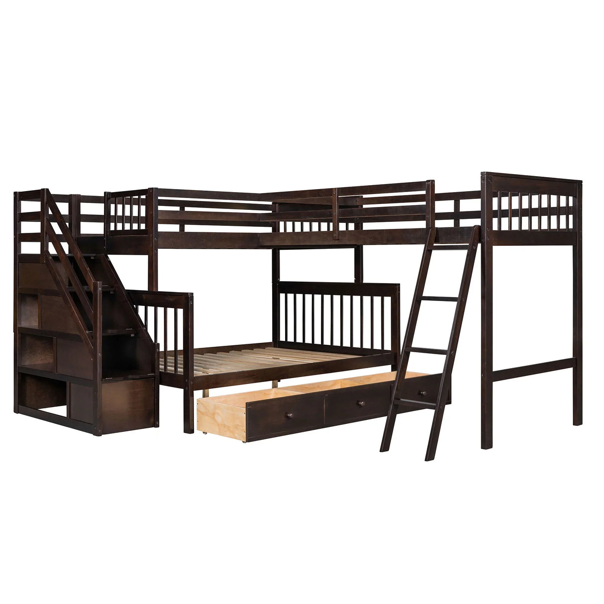 Solid L Shaped Bunk Bed With 3 Drawers, Ladder And Staircase - Furniture Home Direct