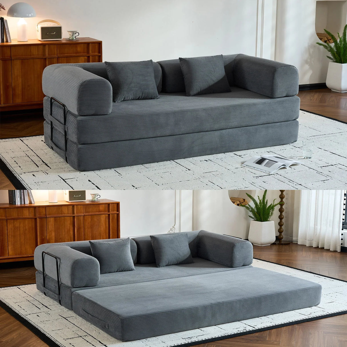 Convertible Sleeper Sofa Bed With Cylindrical Pillow, With Fixed Shape Frame - Furniture Home Direct
