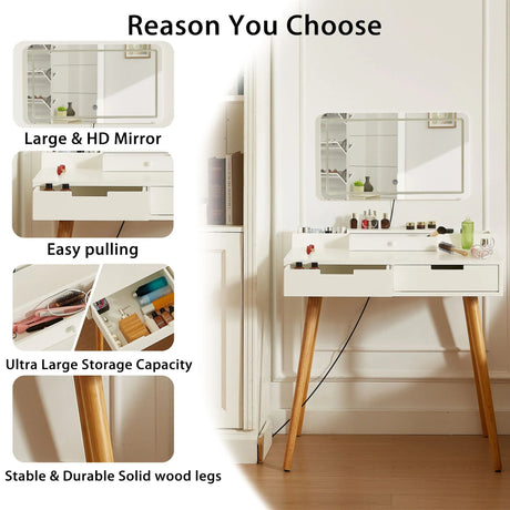 Makeup Vanity Desk With Removable Mirror And Lights, 3 Color Modes & Adjustable Brightness Dressing Table, Small Vanity Table Set With 2 Drawers For Bedroom - White - Furniture Home Direct