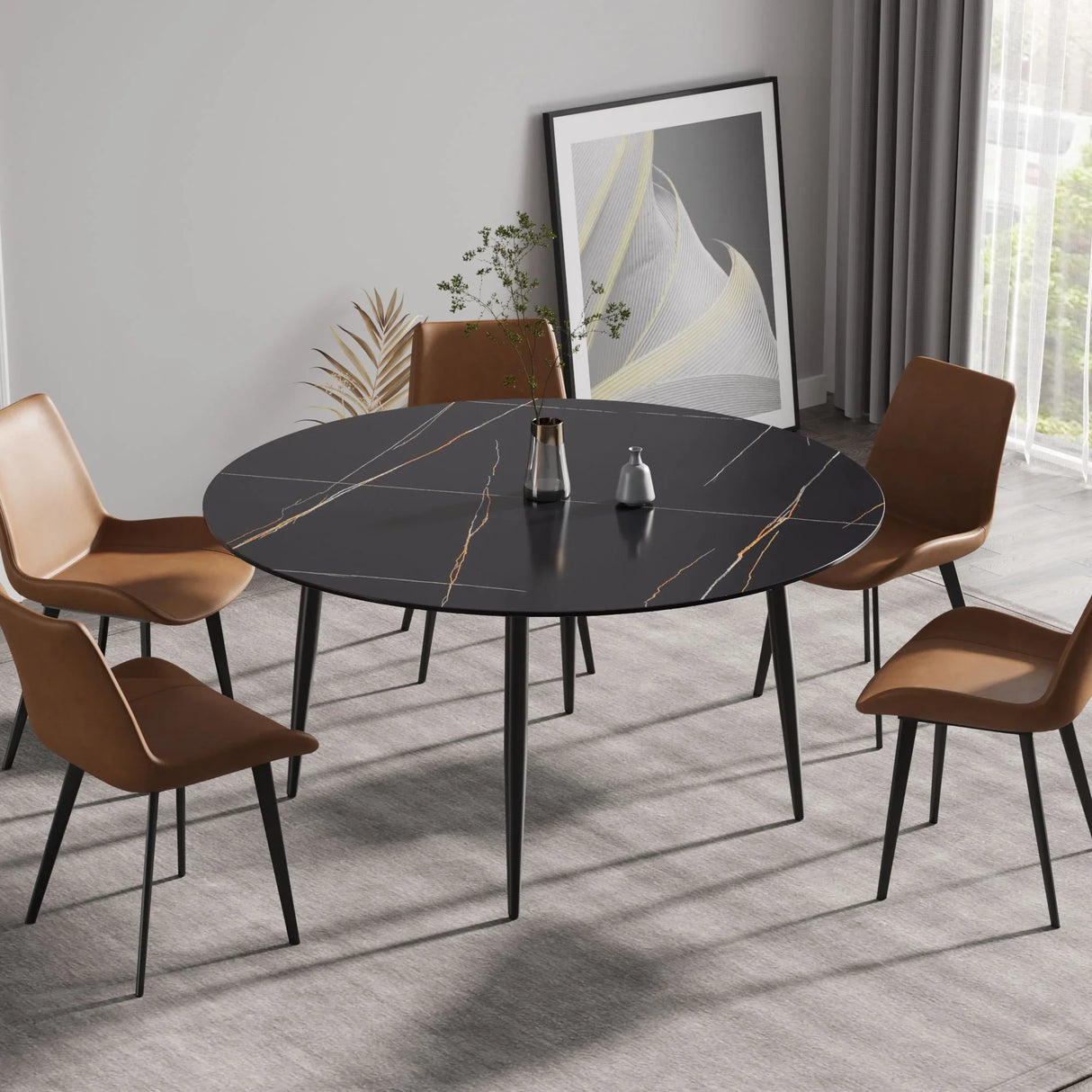 Modern Man-Made Stone Round Dining Table-Position For 6 People - Furniture Home Direct